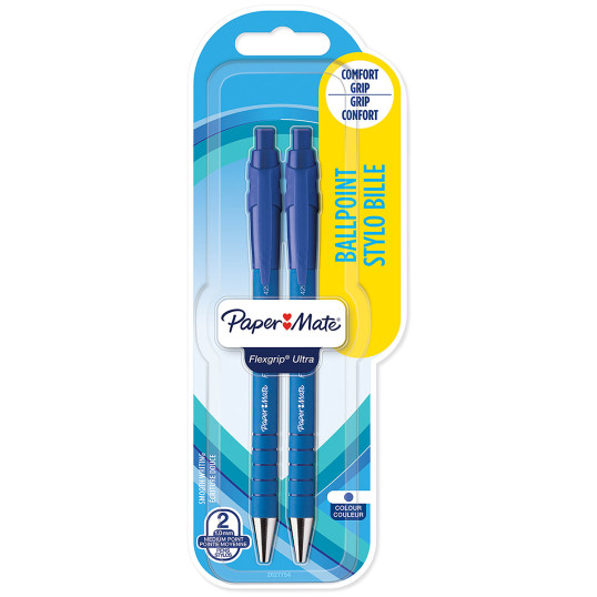 Papermate Flex Grip Ultra Ballpoint Pen - Medium - Blue (Blister of 2)