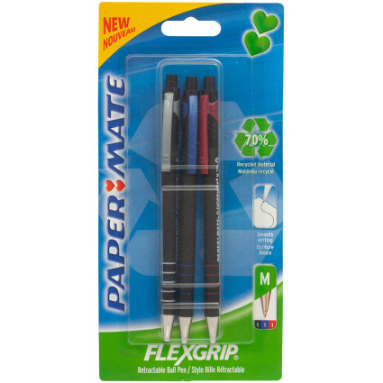 Papermate Flexgrip Ultra Recycled Retractable Ballpoint Pen - Medium - Assorted Colours (Pack of 3)