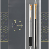 Parker Jotter Fountain & Ballpoint Pen Gift Set - Stainless Steel Gold Trim
