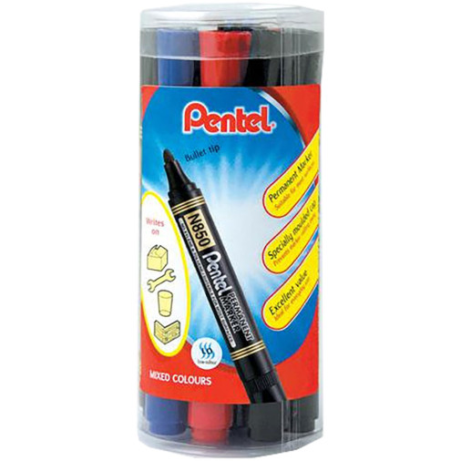 Pentel N850 Permanent Marker - Bullet Tip - Assorted Colours (Tub of 12)