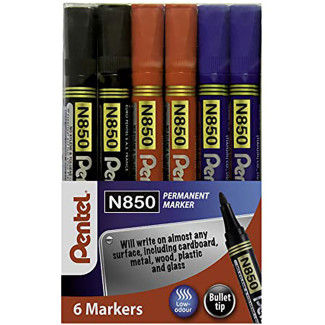 Pentel N850 Permanent Marker - Bullet Tip - Assorted Colours (Pack of 6)