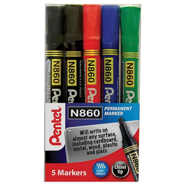 Pentel N860 Permanent Marker - Chisel Tip - Assorted Colours (Wallet of 5)