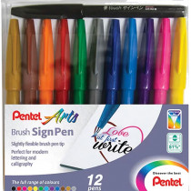 Pentel Brush Sign Pens - Assorted Original Colours (Wallet of 12)