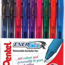 Pentel EnerGel X Retractable Rollerball Pen - Assorted Colours (Wallet of 9)