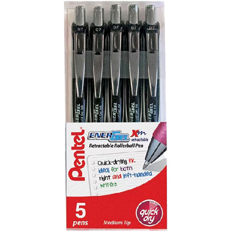 Pentel EnerGel XM Retractable Rollerball Pen - 0.7mm - Black (Pack of 5)