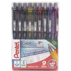 Pentel EnerGel XM Retractable Rollerball Pen - 0.7mm - New Colours (Pack of 9)