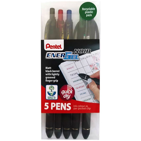 Pentel EnerGel Pure Rollerball Pens - 0.7mm - Assorted Colours (Wallet of 5)