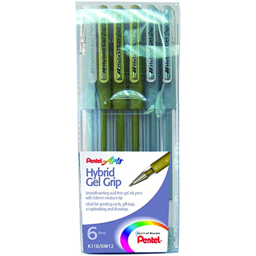 Pentel Hybrid Grip Gel Pens - Gold Silver & White (Wallet of 6)