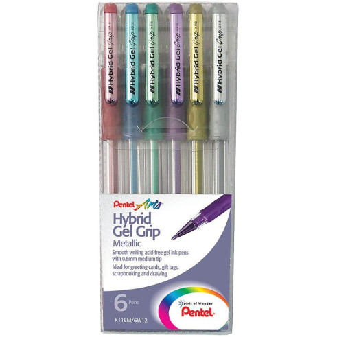 Pentel Hybrid Grip Gel Pens - Assorted Metallic Colours (Wallet of 6)