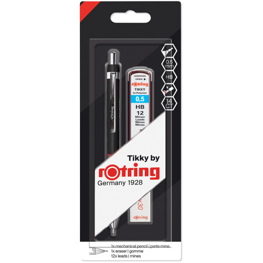 Rotring Tikky Mechanical Pencil - Black Barrel with Leads and Eraser - 0.50mm