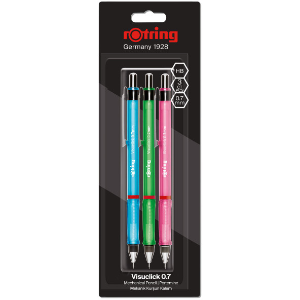 Rotoring Visuclick Mechanical Pencil - 0.7mm - Assorted Colours (Blister of 3)