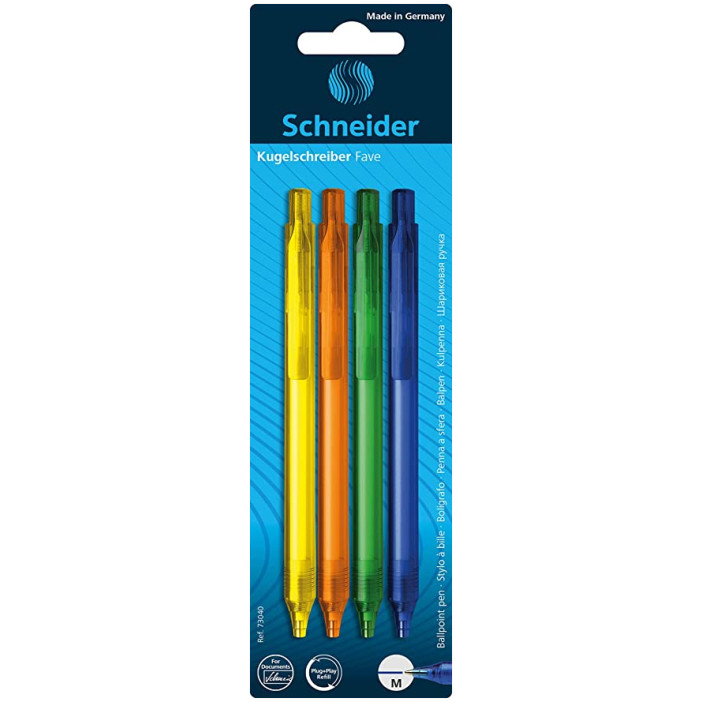 Schneider Fave Ballpoint Pens - Assorted Colours (Blister of 4)