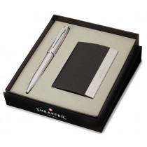 Sheaffer 100 Ballpoint Pen Gift Set - Brushed Chrome with Business Card Holder