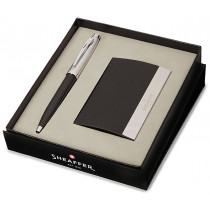 Sheaffer 100 Ballpoint Pen Gift Set - Gloss Black & Chrome with Business Card Holder