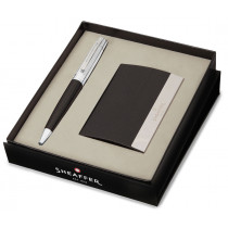 Sheaffer 100 Ballpoint Pen Gift Set - Matte Black Chrome Trim with Business Card Holder
