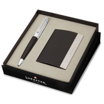 Sheaffer 100 Ballpoint Pen Gift Set - Gloss Black Chrome Trim with Business Card Holder