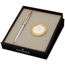 Sheaffer 100 Ballpoint Pen Gift Set - Bright Chrome Gold Trim with Table Clock