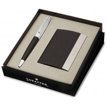 Sheaffer 300 Ballpoint Pen Gift Set - Gloss Black & Chrome with Business Card Holder