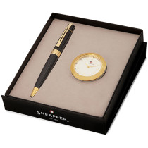 Sheaffer 300 Ballpoint Pen Gift Set - Gloss Black Gold Trim with Table Clock