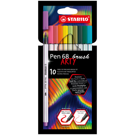 STABILO Pen 68 Fibre Tip Brush Pen  - ARTY - Wallet of 10 - Assorted Colours