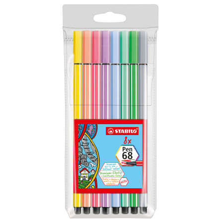 STABILO Pen 68 Fibre Tip Pen  - Wallet of 8 - Pastel Shades