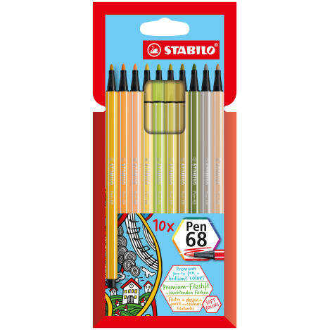 STABILO Pen 68 Fibre Tip Pen  - Wallet of 10 - Assorted Colours