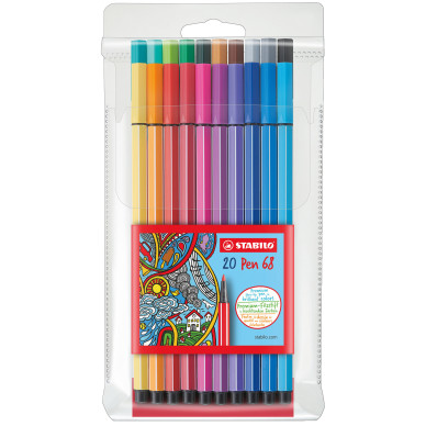 STABILO Pen 68 Fibre Tip Pen  - Wallet of 20 - Assorted Colours