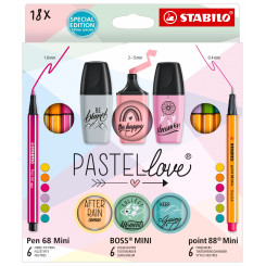 STABILO Pastelove Pen Set -  Point 88 Mini, Pen 68 Mini & BOSS MINI - Pack of 18 - Assorted Colours