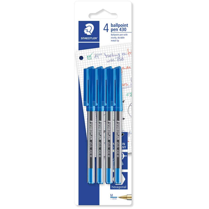 Staedtler 430 Stick Ballpoint Pen  - Medium - Blue (Pack of 4)