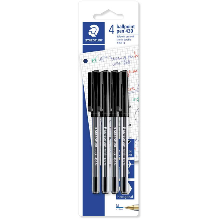 Staedtler 430 Stick Ballpoint Pen  - Medium - Black (Pack of 4)