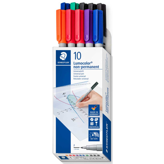 Staedtler Lumocolor Non-Permanent Markers - Fine - Assorted Colours (Pack of 10)