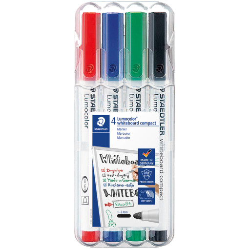 Staedtler Lumocolor Compact Whiteboard Markers - Bullet Tip - Assorted Colours (Pack of 4)