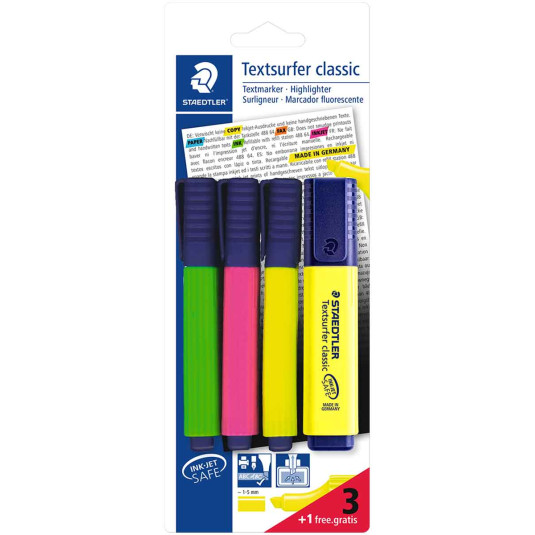 Staedtler Textsurfer Classic Highlighters - Assorted Neon Colours (Pack of 4)