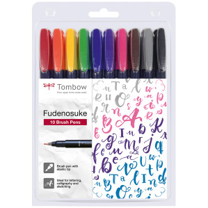 Tombow Fudenosuke Hard Tip Brush Pens - Assorted Colours (Pack of 10)