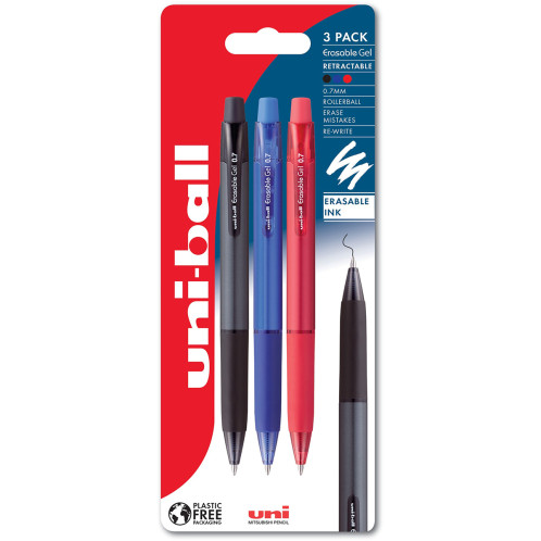 Uni-Ball URN-181-07 Eraseable Retractable Rollerball Pen - Assorted Colours (Pack of 3)