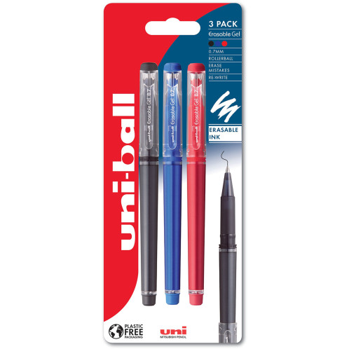 Uni-Ball UF-222-07 Eraseable Capped Gel Pen - Assorted Colours (Pack of 3)