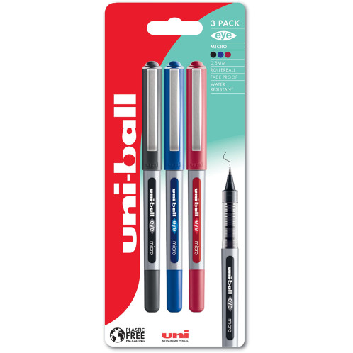 Uni-Ball UB-150 Eye Micro Liquid Ink Rollerball Pens - Assorted Colours (Blister of 3)