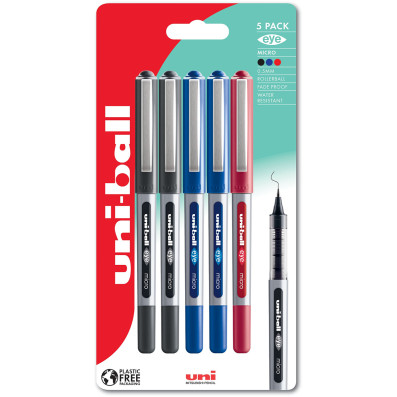 Uni-Ball UB-150 Eye Micro Liquid Ink Rollerball Pens - Assorted Colours (Blister of 5)