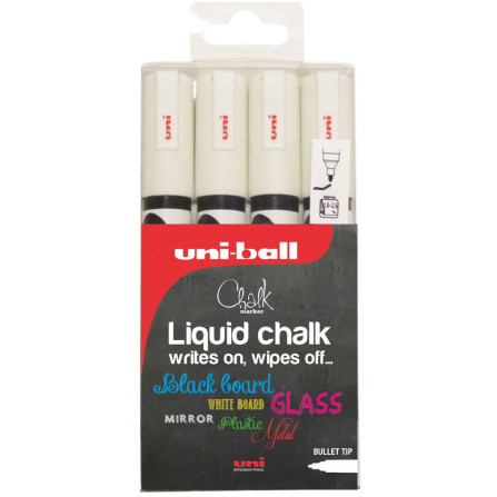 Uni-Ball PWE-5M ChalkGlass Markers - Bullet Tip - White (Pack of 4)