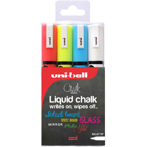 Uni-Ball PWE-5M ChalkGlass Markers - Bullet Tip - Assorted Colours (Pack of 4)