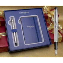 Waterman Expert Fountain Pen - Stainless Steel Chrome Trim in Luxury Gift Box with Free Notebook