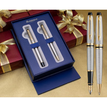 Waterman Expert Fountain & Ballpoint Pen Set - Stainless Steel Gold Trim in Luxury Gift Box