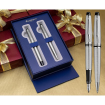 Waterman Expert Fountain & Ballpoint Pen Set - Stainless Steel Chrome Trim in Luxury Gift Box