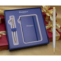 Waterman Hemisphere Ballpoint Pen - Stainless Steel Gold Trim in Luxury Gift Box with Free Notebook