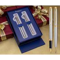 Waterman Hemisphere Fountain & Ballpoint Pen Set - Stainless Steel Gold Trim in Luxury Gift Box