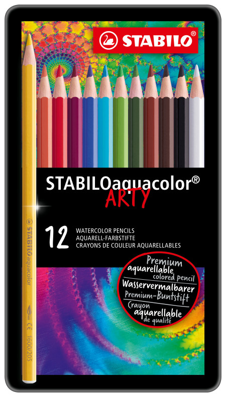 STABILOaquacolor Colouring Pencil - ARTY -Tin of 12 - Assorted Colours