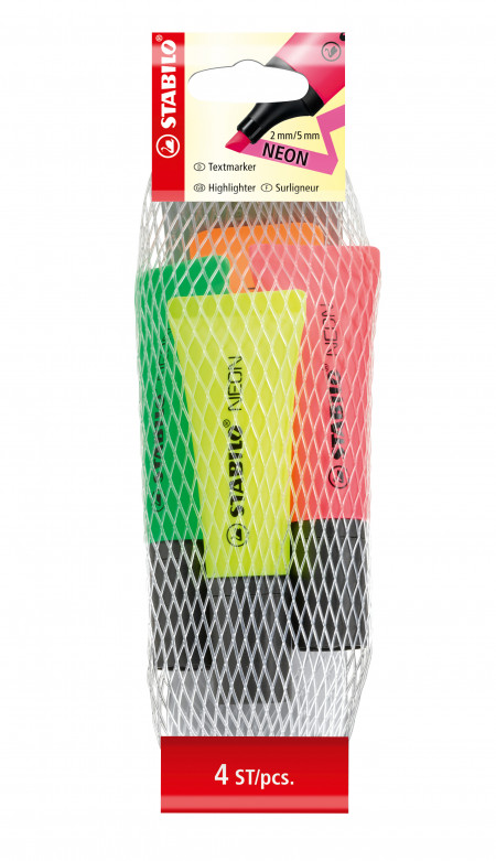 STABILO NEON Highlighter - Pack of 4 - Assorted Colours