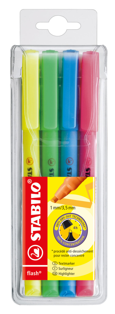 STABILO flash Highlighter - Wallet of 4 - Assorted Colours