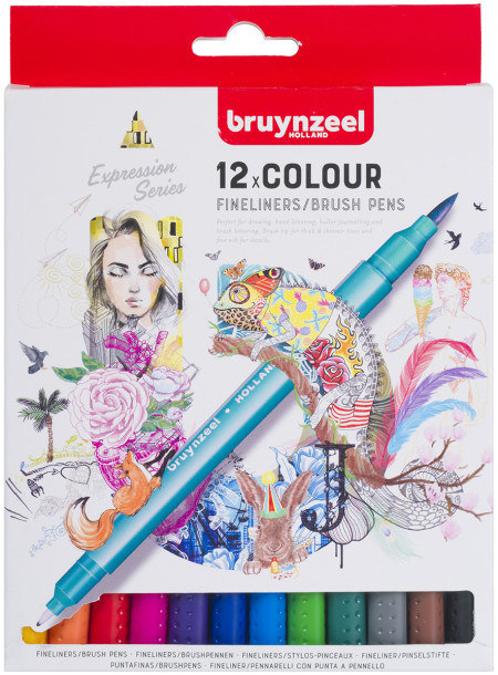 Bruynzeel Fineliner & Brush Pen Set - Assorted Colours - Pack of 12