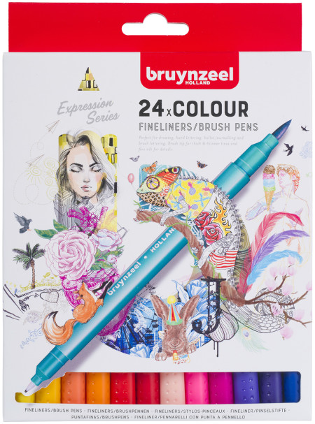 Bruynzeel Fineliner & Brush Pen Set - Assorted Colours - Pack of 24